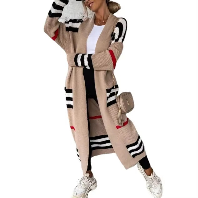 Women Sweater Spring Autumn Cardigan Coats Casual Stripes Knitted Cardigan Clothes Women Oversized Cardigan Long Sweater Coat