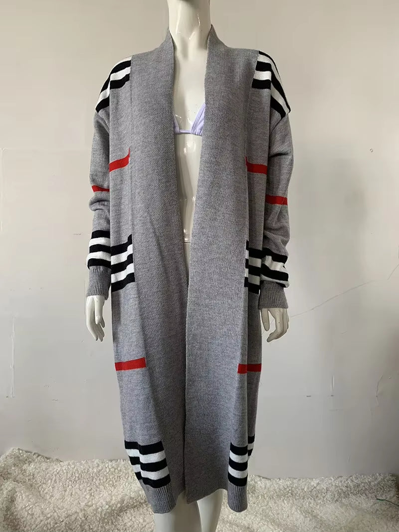 Women Sweater Spring Autumn Cardigan Coats Casual Stripes Knitted Cardigan Clothes Women Oversized Cardigan Long Sweater Coat