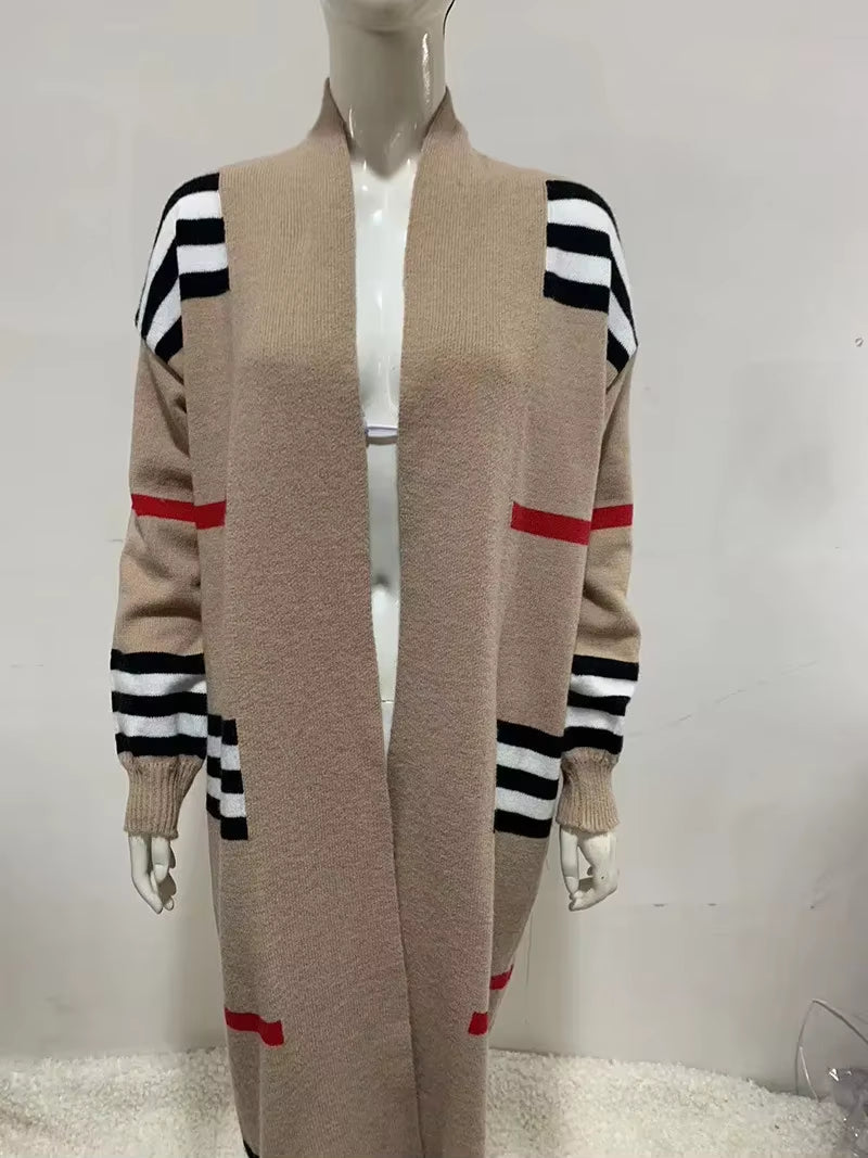 Women Sweater Spring Autumn Cardigan Coats Casual Stripes Knitted Cardigan Clothes Women Oversized Cardigan Long Sweater Coat